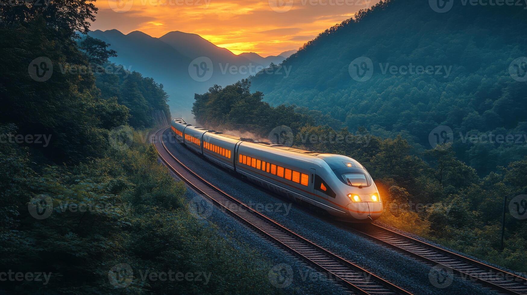 A high speed train travels smoothly through lush green mountains as the sun sets, illuminating the landscape with warm colors, symbolizing advanced urban transportation solutions. photo