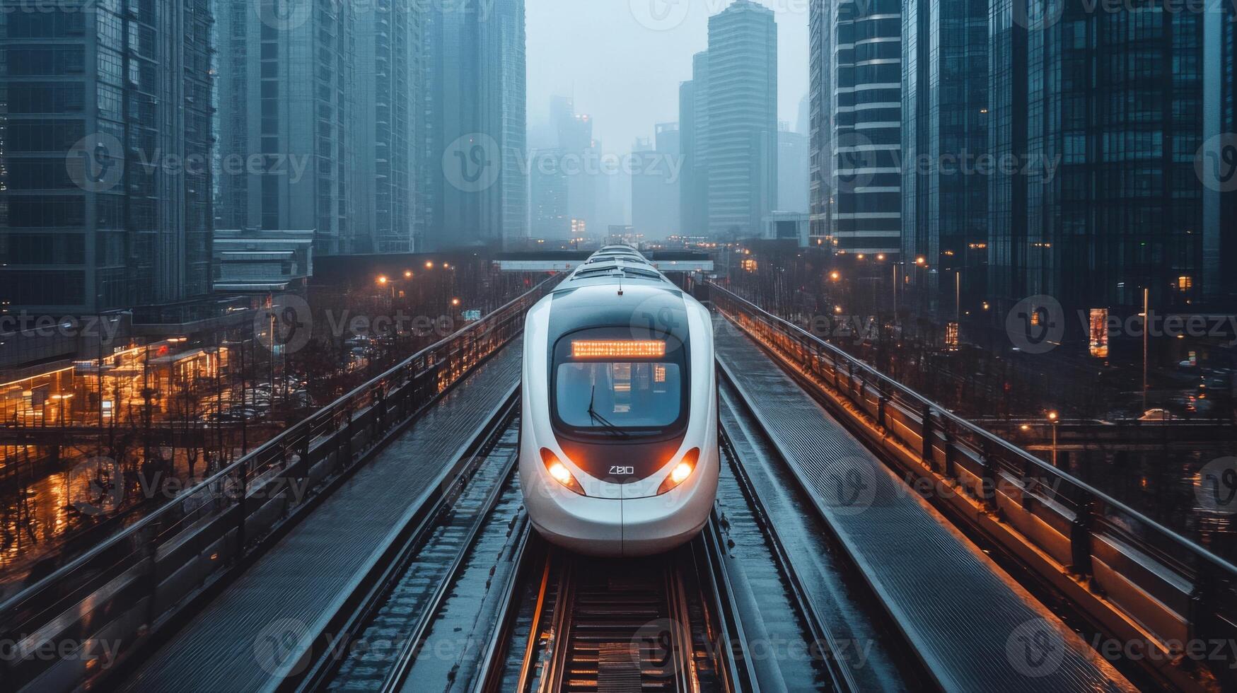 A sleek high speed train glides along elevated tracks surrounded by towering skyscrapers. The atmosphere is misty, capturing the essence of advanced rail mobility in a bustling urban environment. photo
