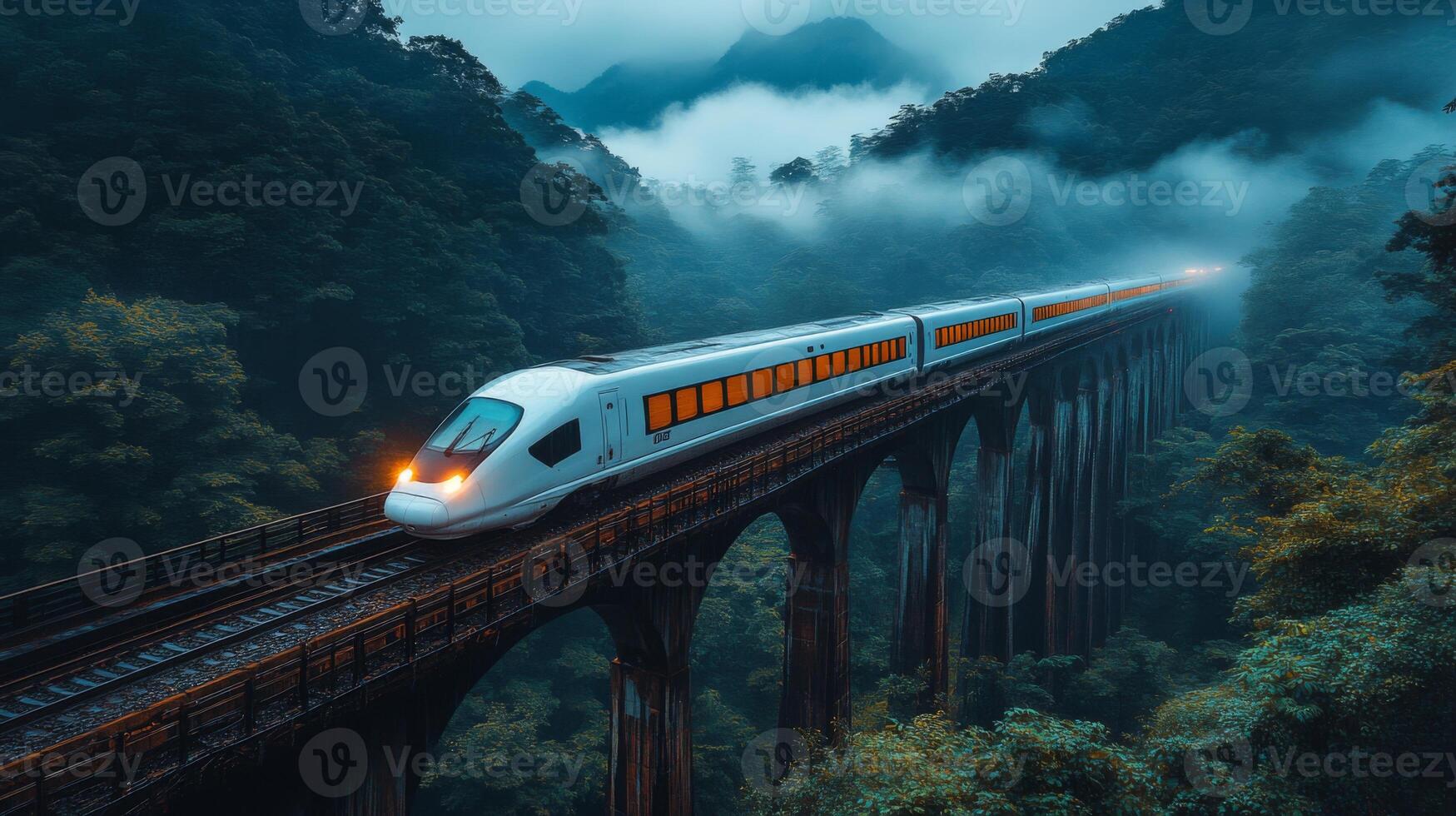 A modern highspeed train glides over a majestic viaduct, cutting through dense forests and misty mountains, showcasing the beauty of transportation at dusk. photo