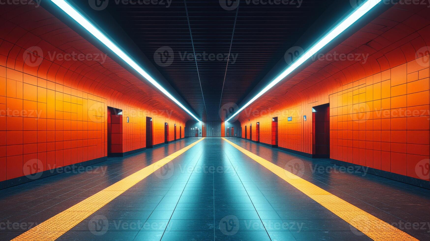 Modern transit station features bright orange walls and illumination, creating an engaging atmosphere for commuters navigating the urban subway system during peak hours. photo