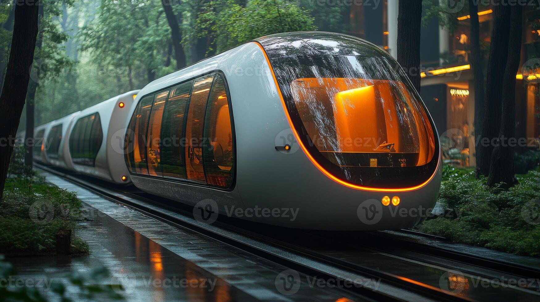 An automated train elegantly travels along tracks surrounded by lush greenery in an urban setting, enhancing mobility and transportation efficiency on a rainy day. photo