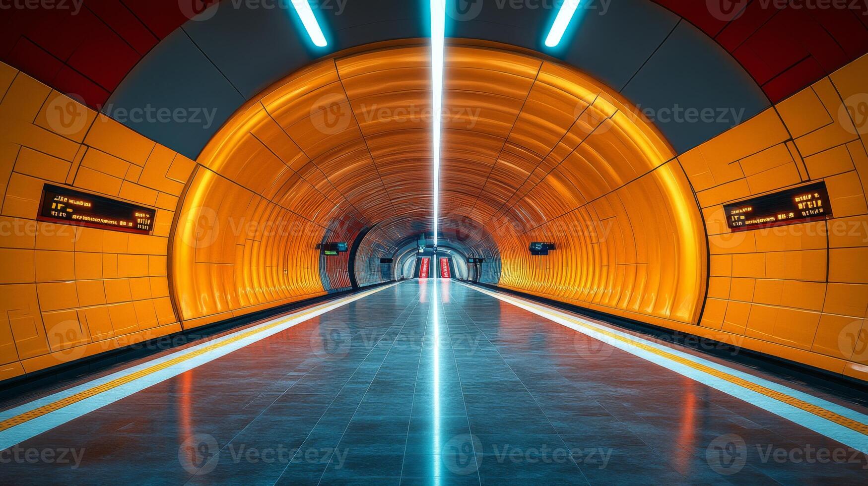 Subway station showcases unique tunnel design with bright orange hues and smooth flooring, creating an inviting atmosphere for commuters in an urban environment. photo