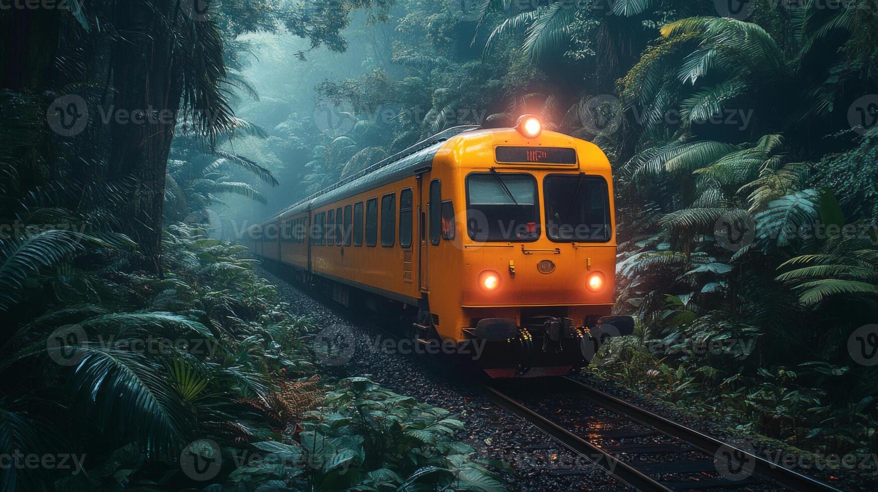 A bright yellow train moves silently through a lush green forest, surrounded by tall trees and dense foliage, highlighting the integration of urban transit in natural landscapes. photo