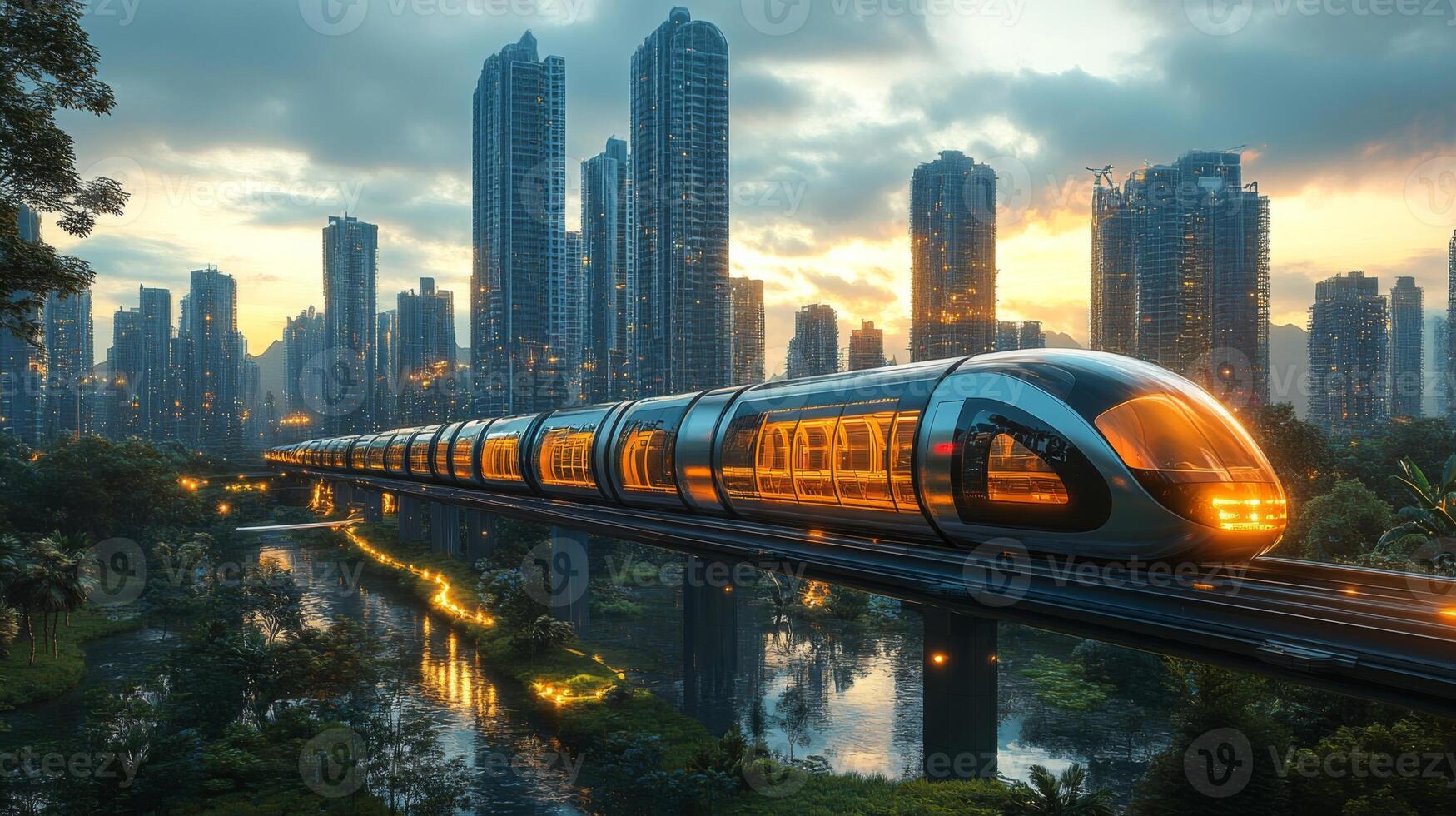 A sleek automated subway train glides along elevated tracks amidst towering city buildings during sunset, symbolizing innovation in urban transportation and infrastructure development. photo
