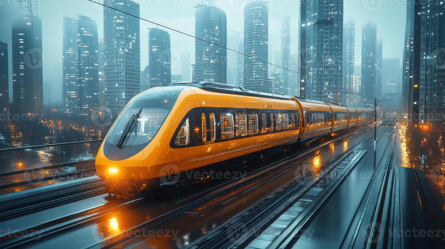 A high speed maglev train glides along elevated tracks in a modern city under heavy rain. Skyscrapers reflect city lights, creating a vibrant atmosphere. photo