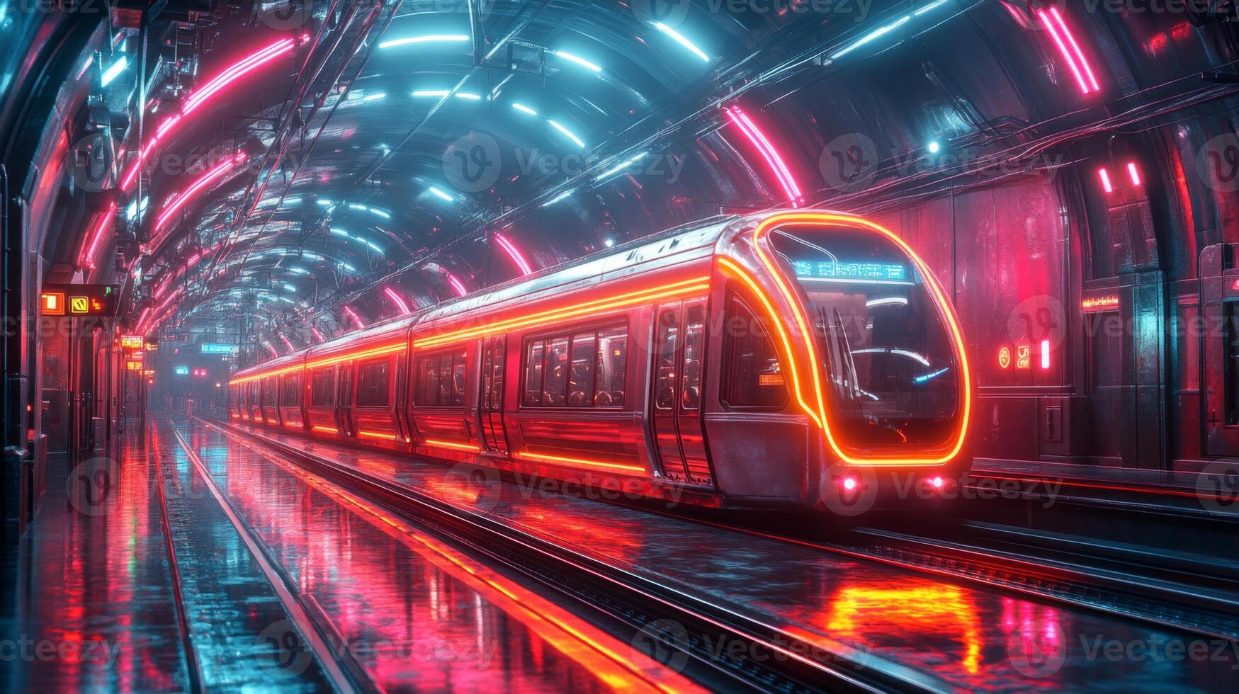 A sleek subway train waits at a platform, glowing with neon lights while casting reflections on wet tracks. The environment showcases cutting edge urban transit design. photo