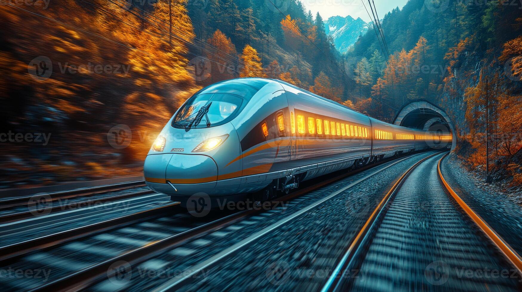 A sleek high speed train moves swiftly around a bend, entering a mountain tunnel surrounded by colorful autumn trees under a clear sky. photo