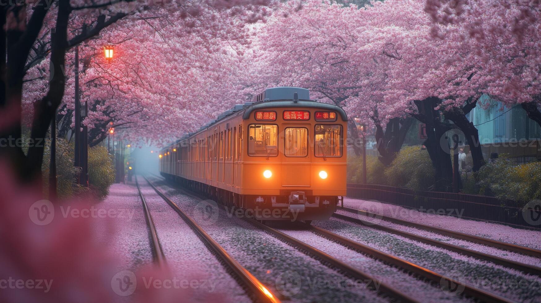 A high speed train glides smoothly along the railway surrounded by cherry blossom trees in full bloom, creating a picturesque scene that highlights nature and transportation. photo