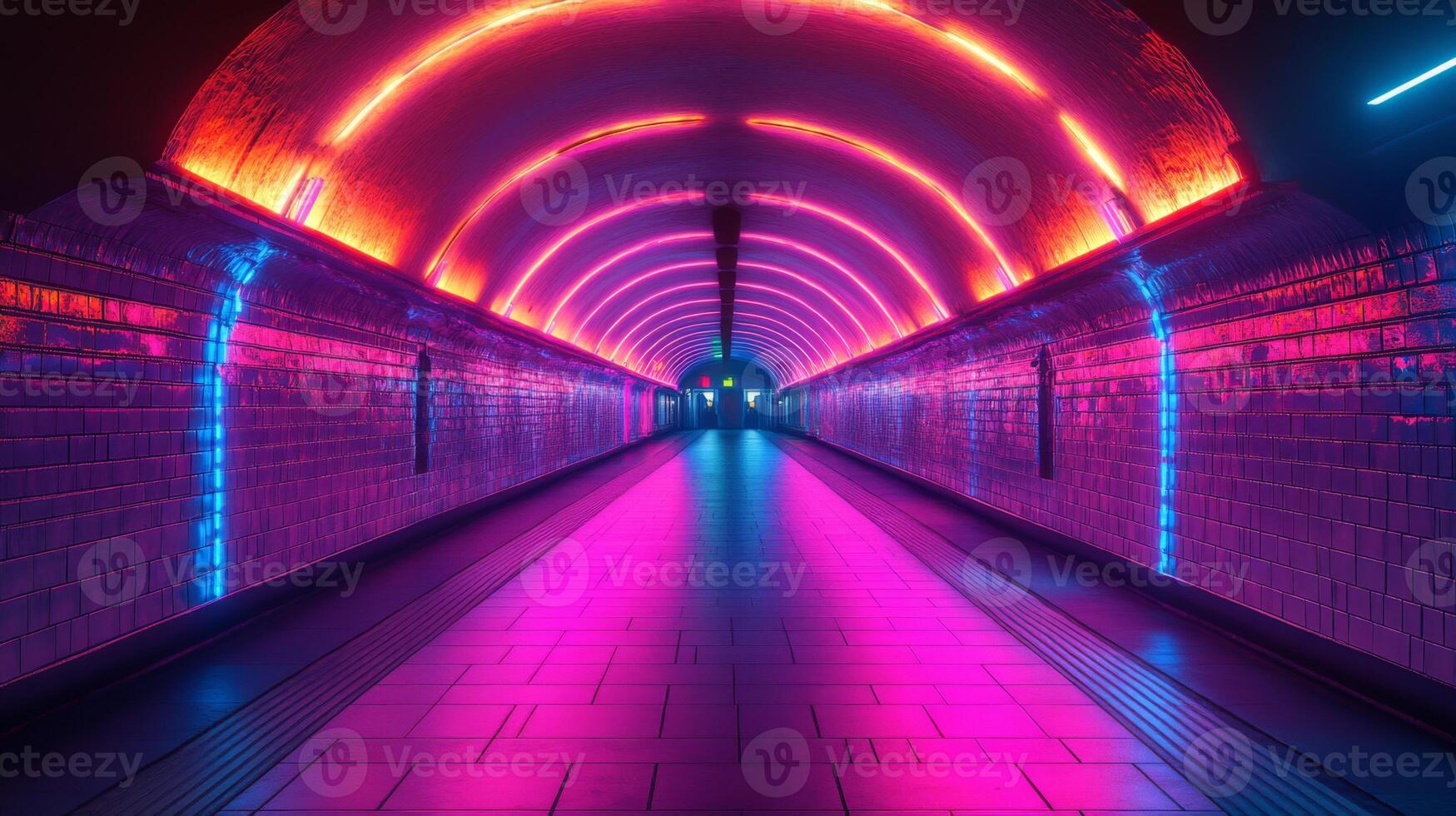 A captivating underground tunnel featuring striking neon lights in shades of pink and blue enhances the atmosphere of urban transit. Commuters navigate this lively space daily. photo