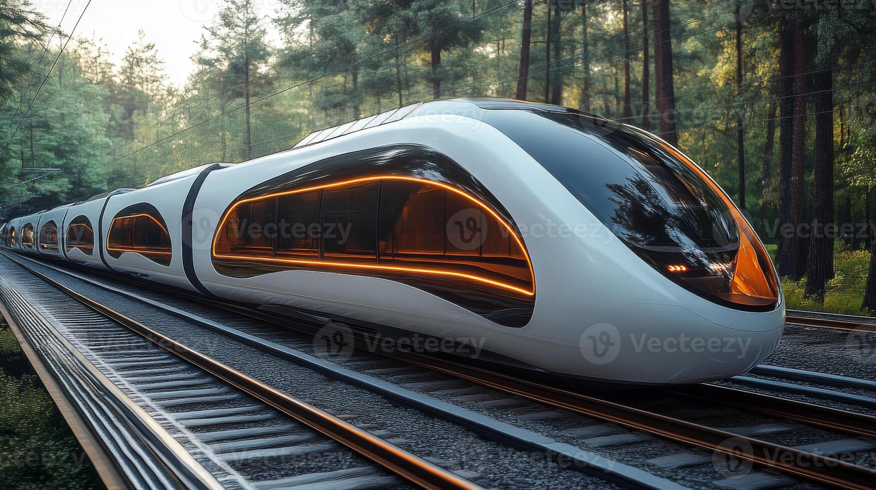 A sleek maglev train glides silently along railway tracks in a vibrant green forest. Its futuristic design highlights advancements in transportation and automation technology. photo