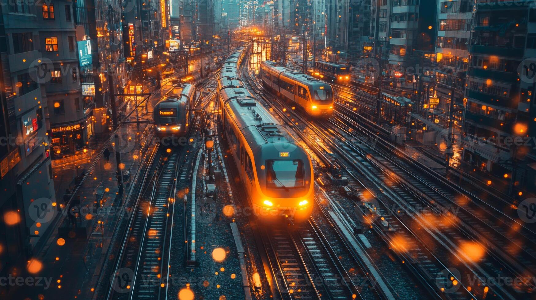 Multiple trains operate on a crowded railway network as city lights shimmer at dusk, highlighting the complexity of urban transportation and mobility. photo