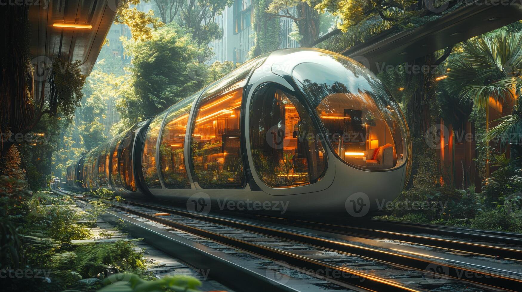 A sleek maglev train travels along elevated tracks in a vibrant city filled with greenery. The train features large windows, reflecting a blend of nature and innovation in transport. photo