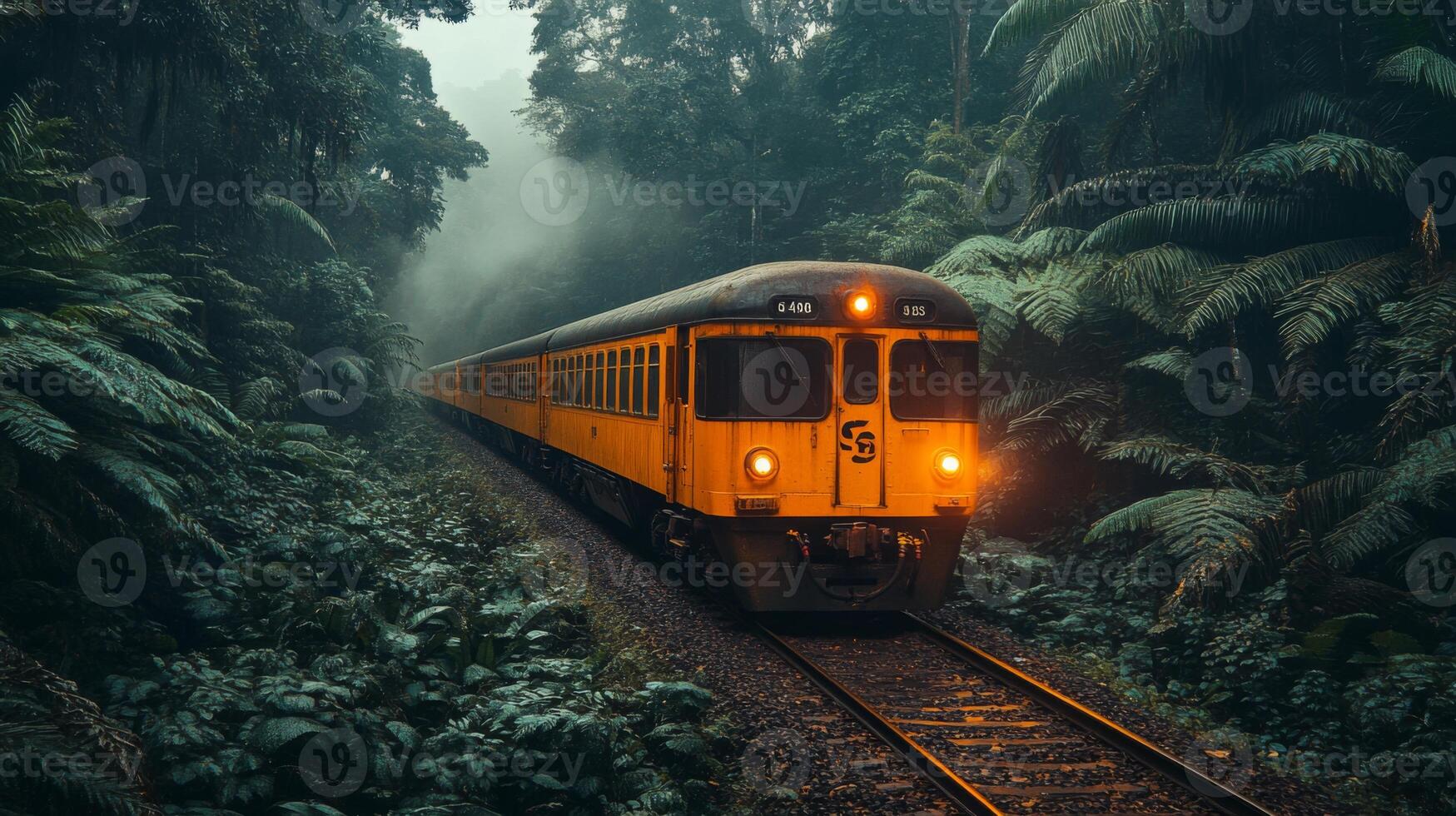 A yellow train moves quietly along railway tracks surrounded by dense tropical vegetation. The scene captures the beauty of nature blending with urban mobility, creating a serene atmosphere. photo