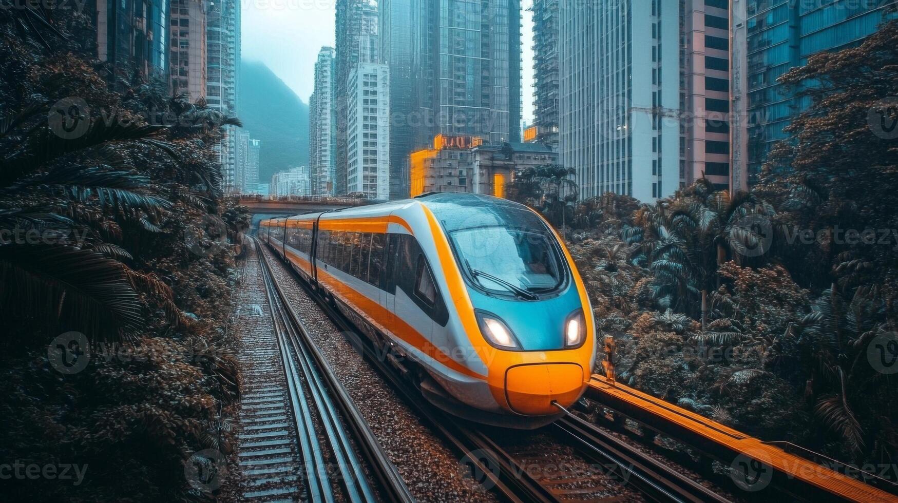 A sleek high speed train travels along railway tracks, passing through a vibrant city with tall skyscrapers and rich vegetation, showcasing a blend of nature and modern infrastructure. photo