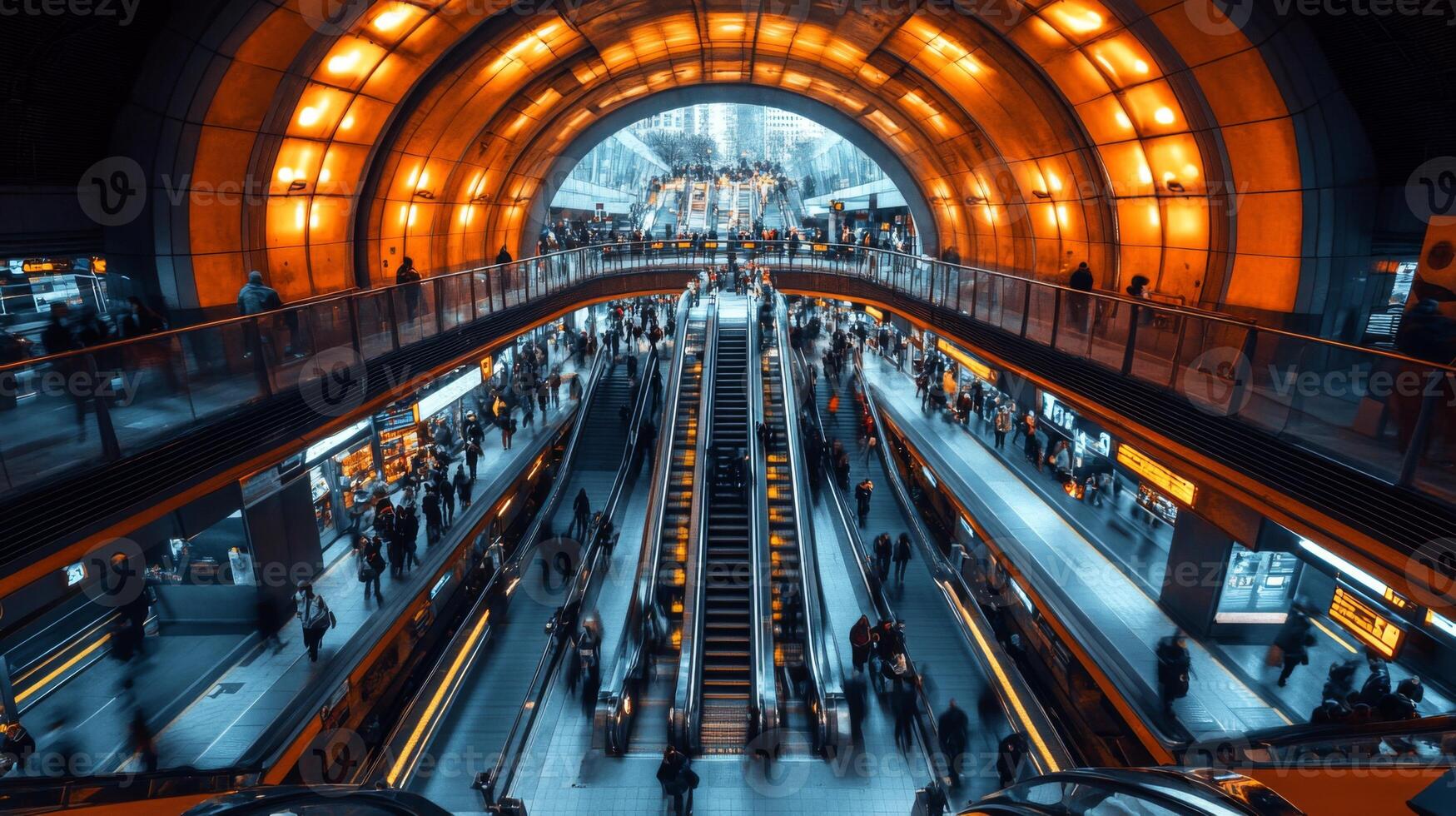 A bustling metro station filled with commuters navigating escalators and platforms, surrounded by striking architectural features and vibrant lighting during peak hours. photo