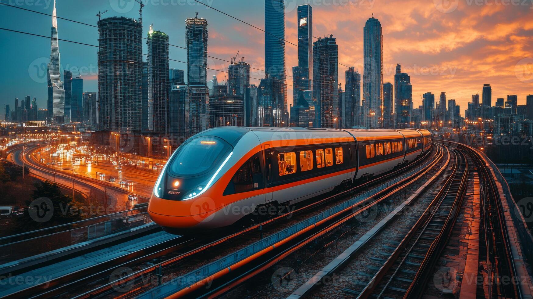 A high speed train travels along elevated tracks through a vibrant cityscape at sunset, surrounded by towering skyscrapers and illuminated streets. photo