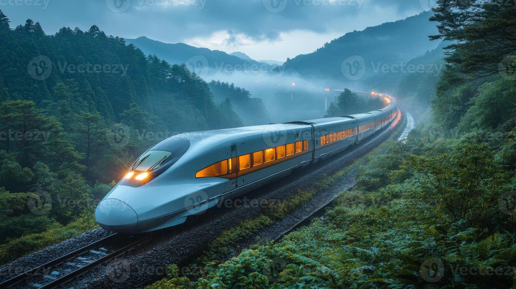 A sleek high speed train travels along a winding railway in a lush, mountainous landscape during twilight, highlighting advancements in logistics and infrastructure. photo