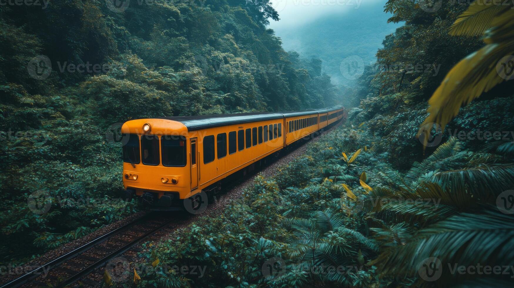A bright yellow train is making its way through lush green rainforest. The surrounding vegetation showcases the beauty of nature while providing crucial transportation options for urban commuters. photo