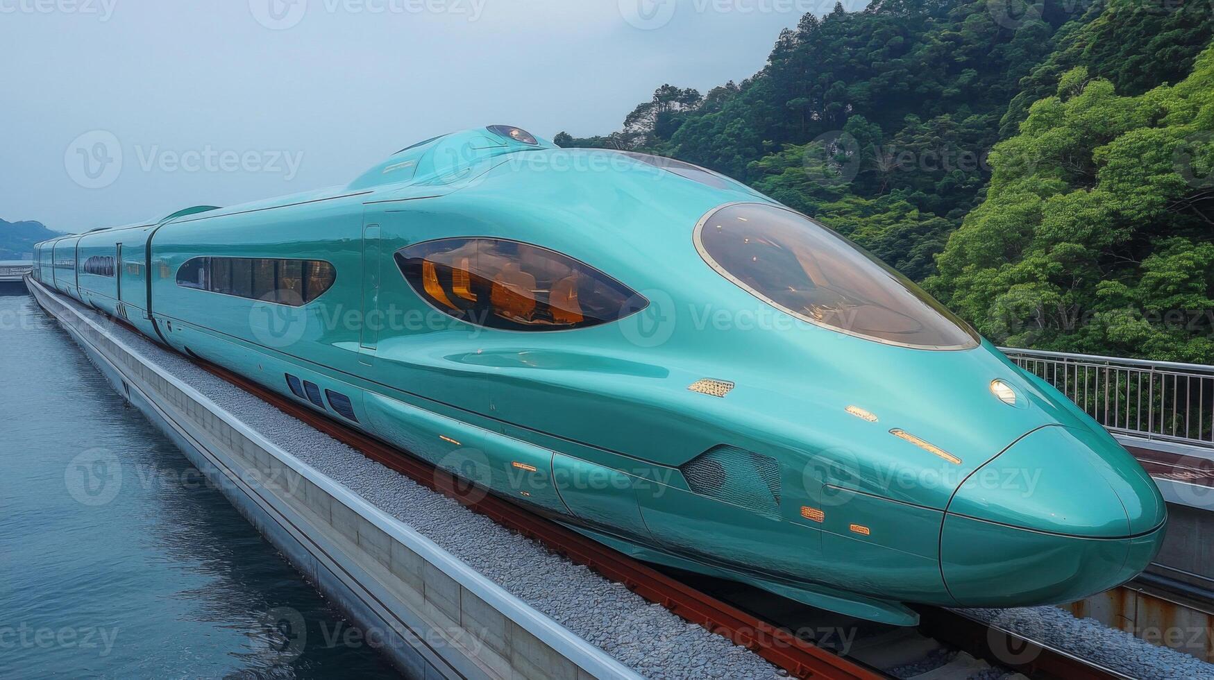 A sleek high speed maglev train rests on a rail track beside a serene body of water, surrounded by vibrant green trees and a picturesque landscape, highlighting modern transport innovation. photo