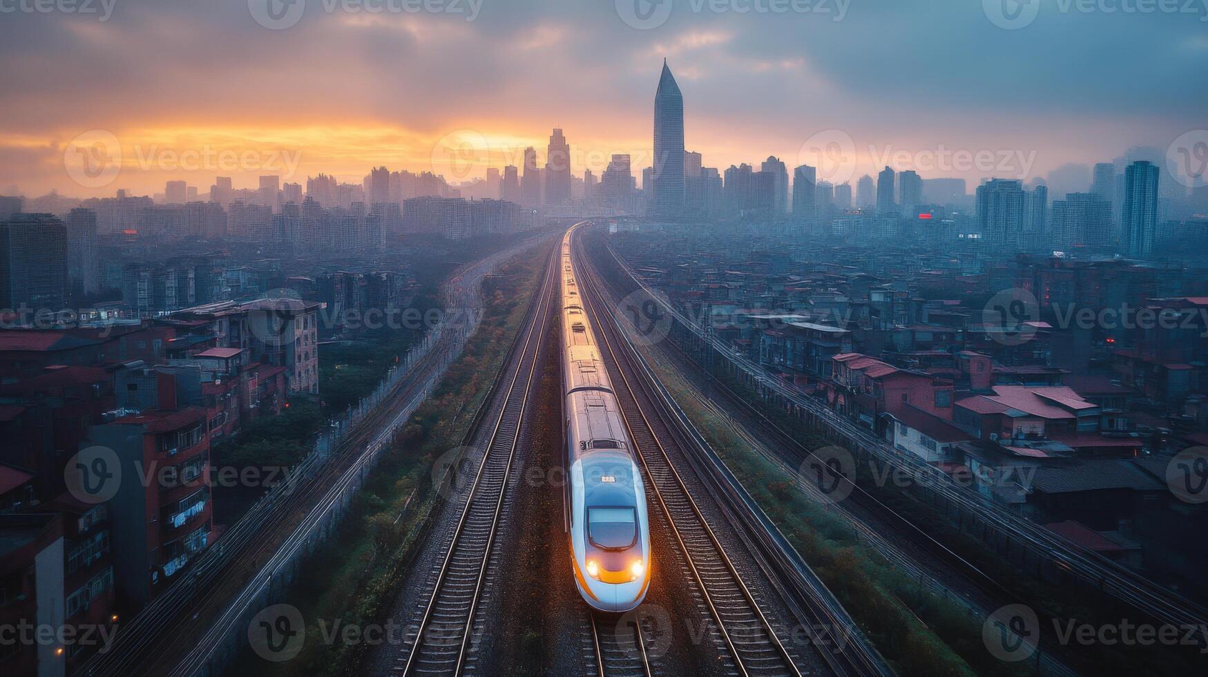 A high speed train travels smoothly along railway tracks as the skyline of a bustling city glows under the warm hues of sunset, highlighting modern infrastructure and technology. photo