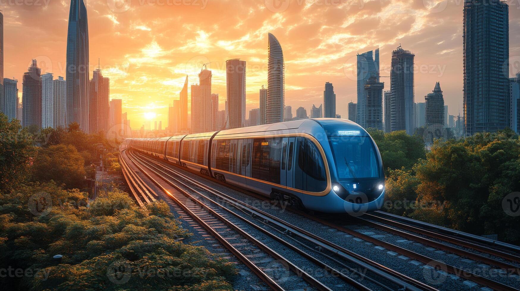 A sleek maglev train rides along railway tracks amidst a vibrant city skyline as the sun sets, casting a warm glow over the buildings and surroundings. photo