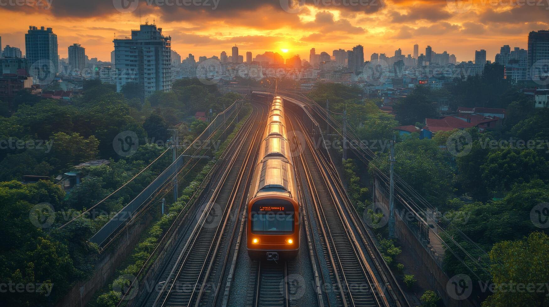 A highspeed train moves along tracks during sunset, surrounded by skyscrapers and greenery, showcasing advanced logistics and urban mobility. photo