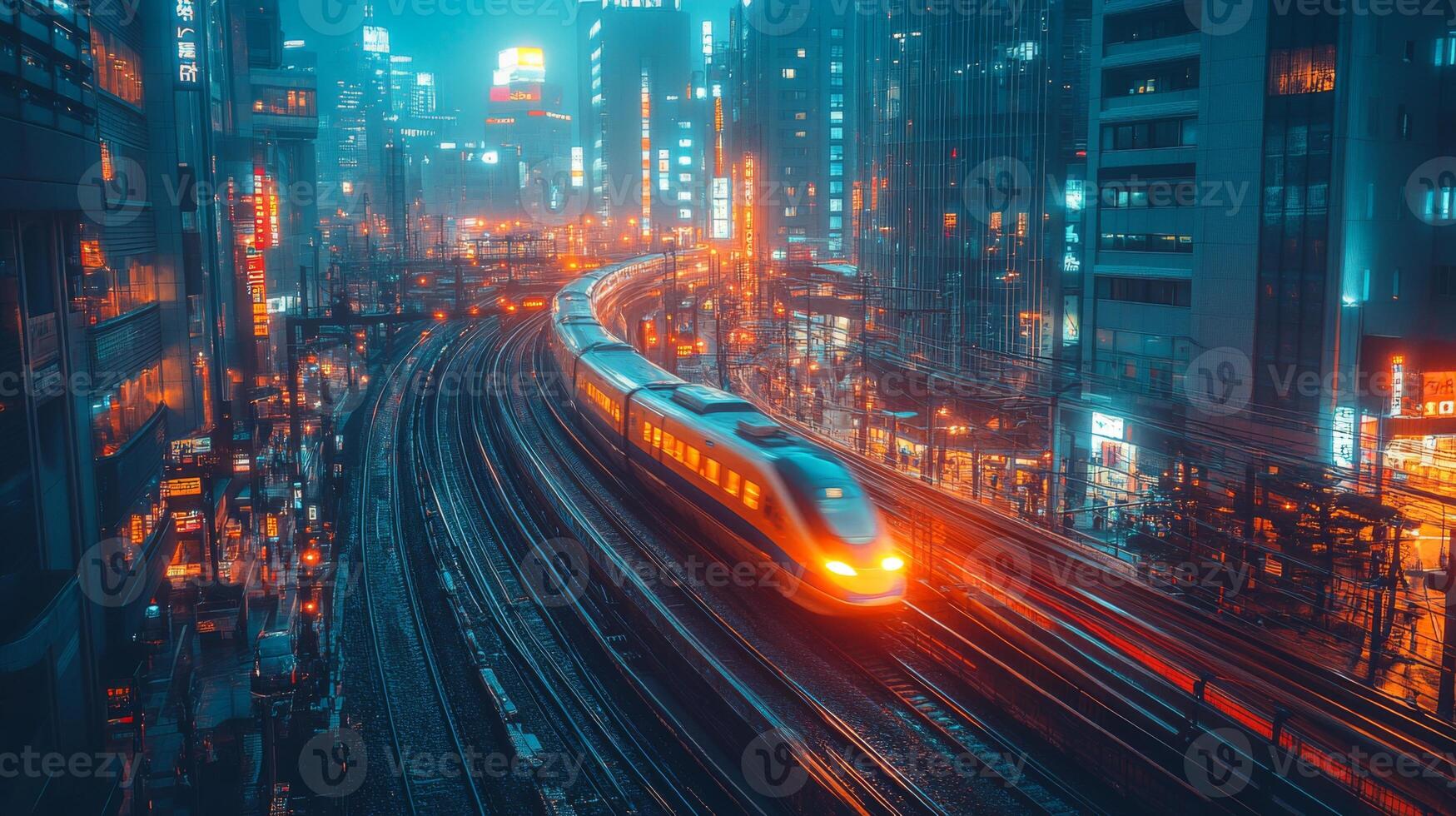 A maglev train glides smoothly on an urban railway, casting vibrant lights against the backdrop of a bustling city. The scene is alive with neon hues and shadows. photo