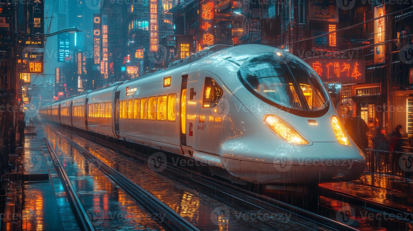A sleek maglev train moves quietly along the tracks in a bustling city, with vibrant neon signs reflecting in the rain soaked streets during a lively evening atmosphere. photo