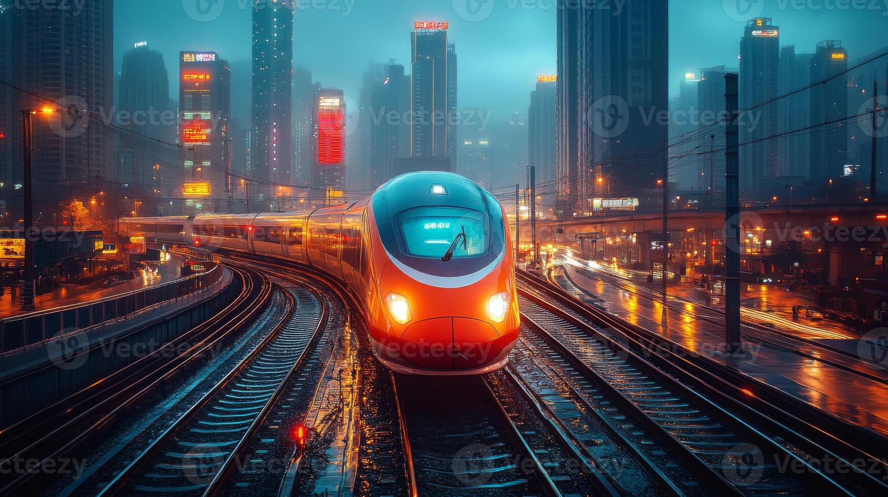 A sleek maglev train moves swiftly along the tracks in a vibrant urban environment as rain falls. Skyscrapers light up the backdrop, creating a dynamic atmosphere. photo