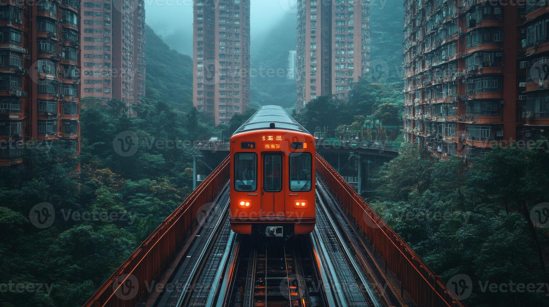 A bright orange subway train moves along elevated tracks in a dense urban area, flanked by high rise buildings and rich greenery, creating a unique blend of nature and infrastructure. photo