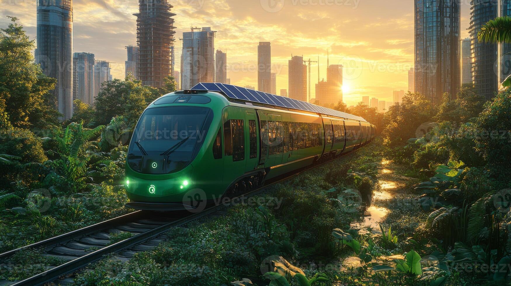 A solar powered train glides along tracks framed by lush vegetation and towering skyscrapers, illuminated by a vibrant sunset reflecting the future of sustainable mobility. photo
