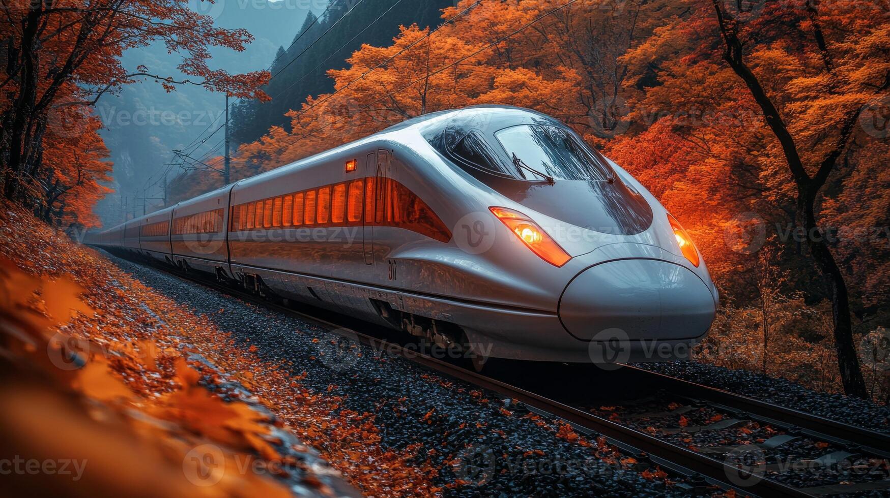 A sleek, futuristic high speed train travels along a railway surrounded by bright autumn leaves. The scene captures the essence of mobility and modern transportation technology. photo
