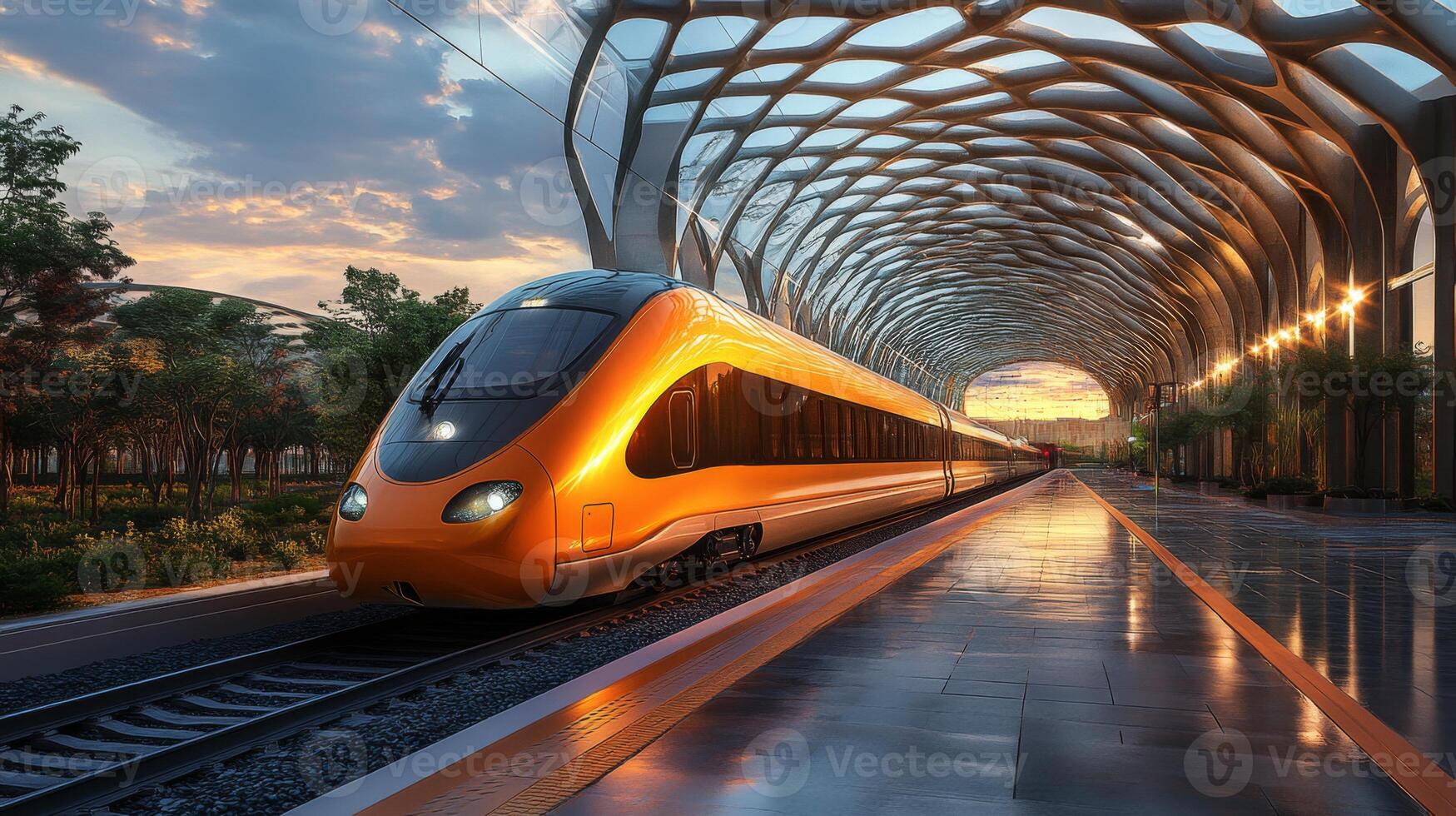 A sleek high speed train awaits departure at a contemporary railway station with distinctive architecture under a colorful sky at dusk. Automated systems enhance mobility. photo