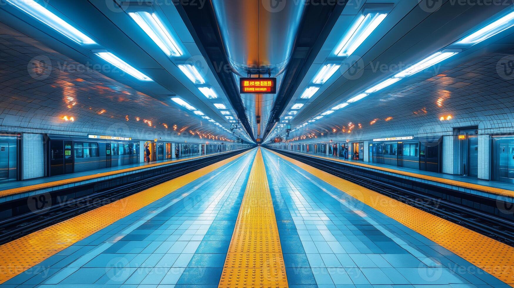 A bustling urban subway station highlights expansive platforms with bright artificial lighting. Commuters await trains in a structured and automated transportation hub during peak hours. photo