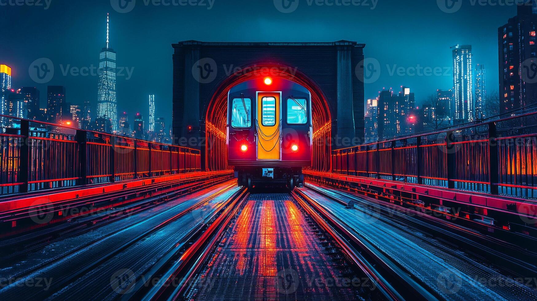 A subway train enters a bridge under illuminated city lights at night. The scene highlights transportation and urban mobility against a backdrop of skyscrapers. photo