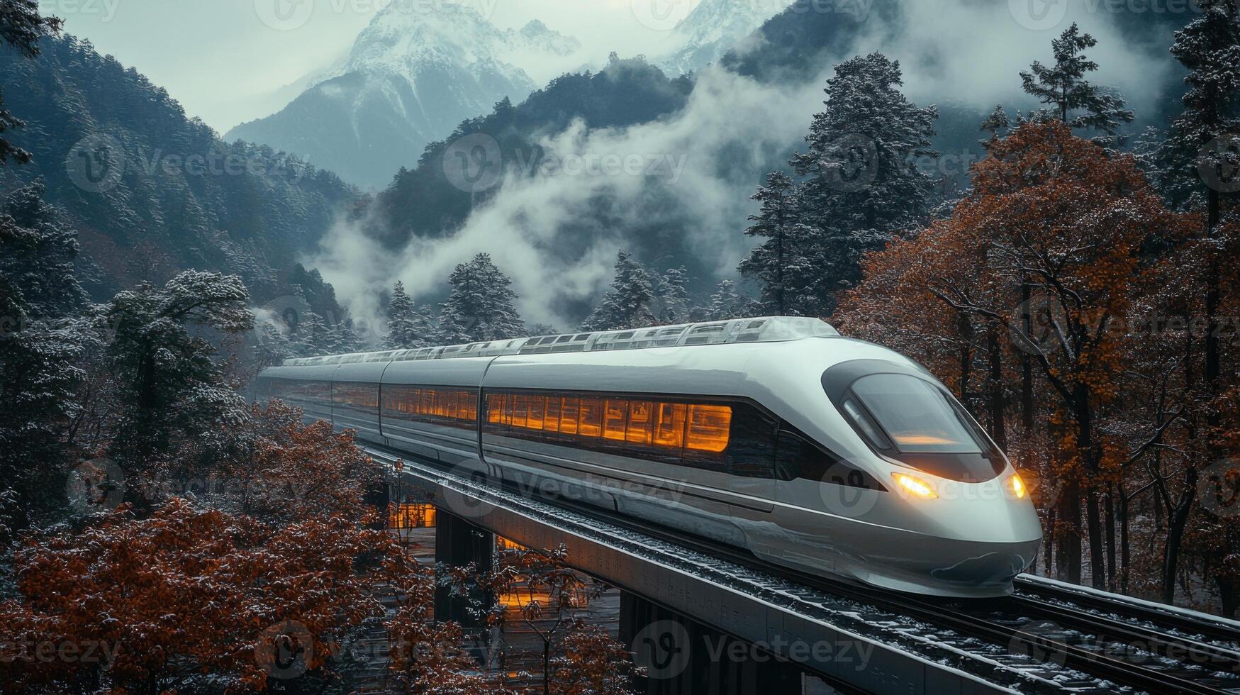 A sleek, high speed train glides along elevated tracks in a mountainous region. Snow covers the ground while colorful autumn leaves create a striking contrast. photo