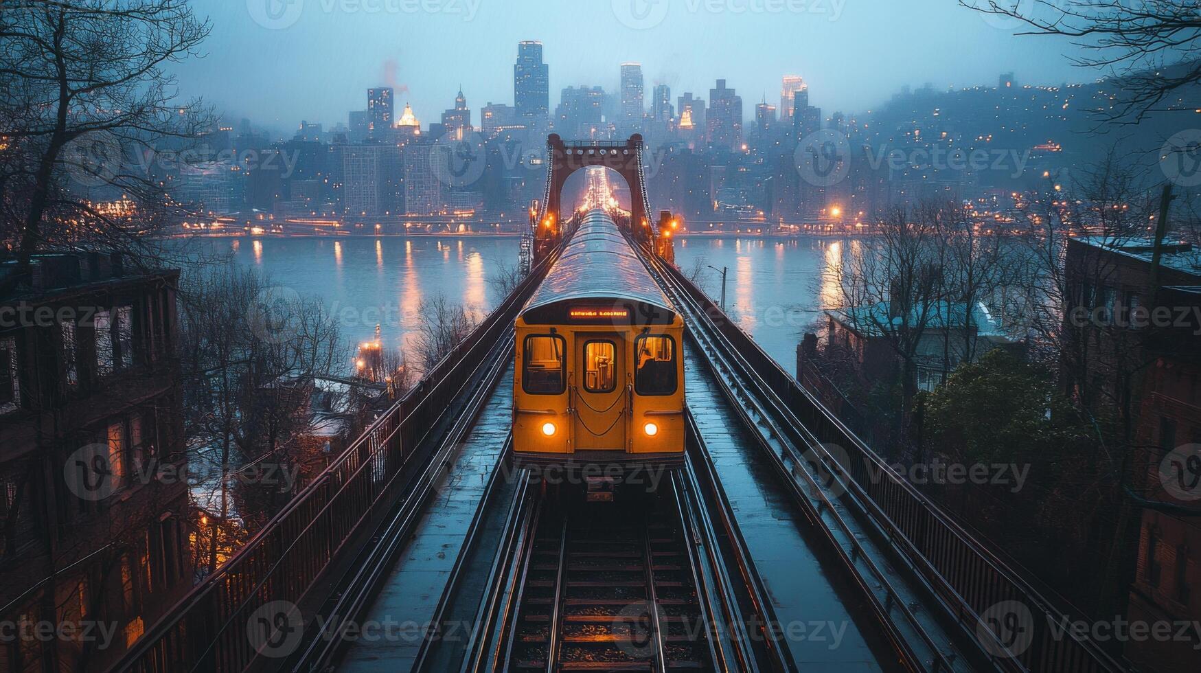 A yellow subway train moves along elevated tracks, providing commuters a breathtaking sight of the urban landscape bathed in twilight near the river. photo