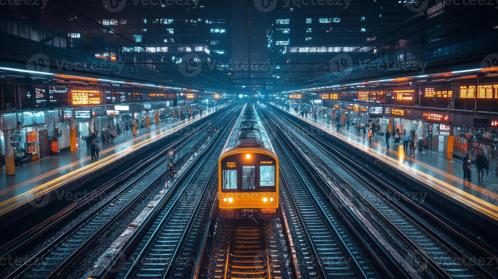 A modern subway train approaches a crowded urban station during evening rush hour. Commuters wait on the platform as city lights illuminate the tracks and surroundings. photo