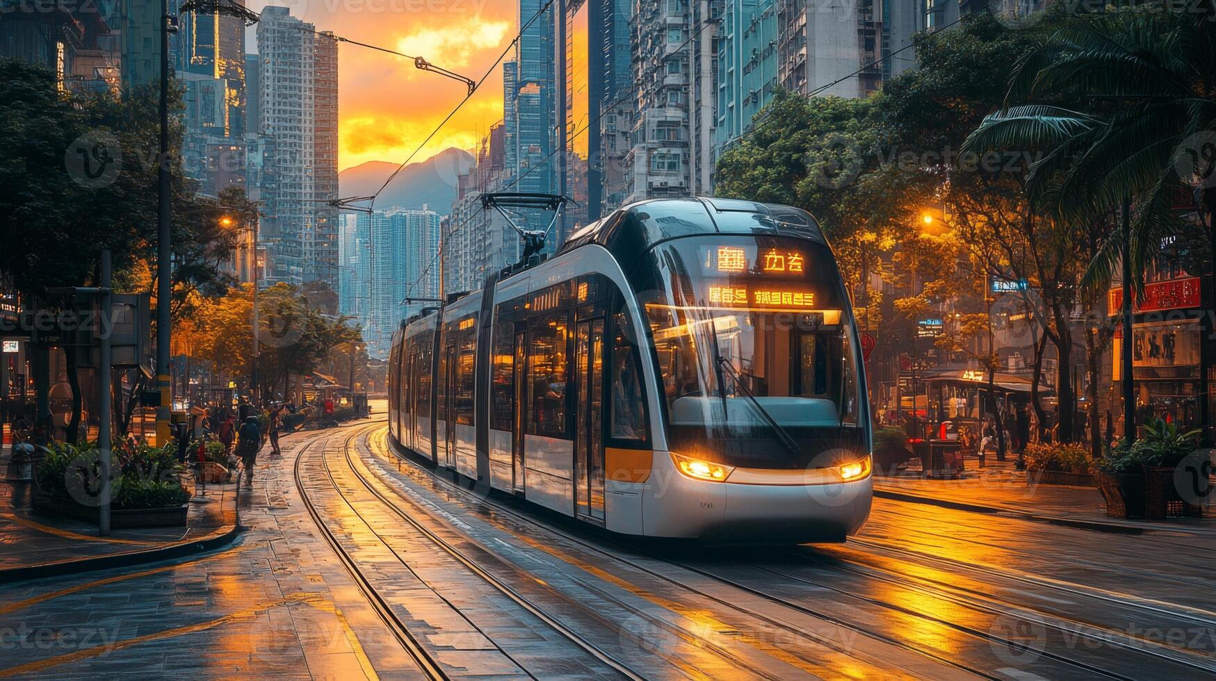 Automated tram travels along a gleaming track through a vibrant urban landscape as the sun sets, casting warm colors on surrounding buildings and palm trees. photo