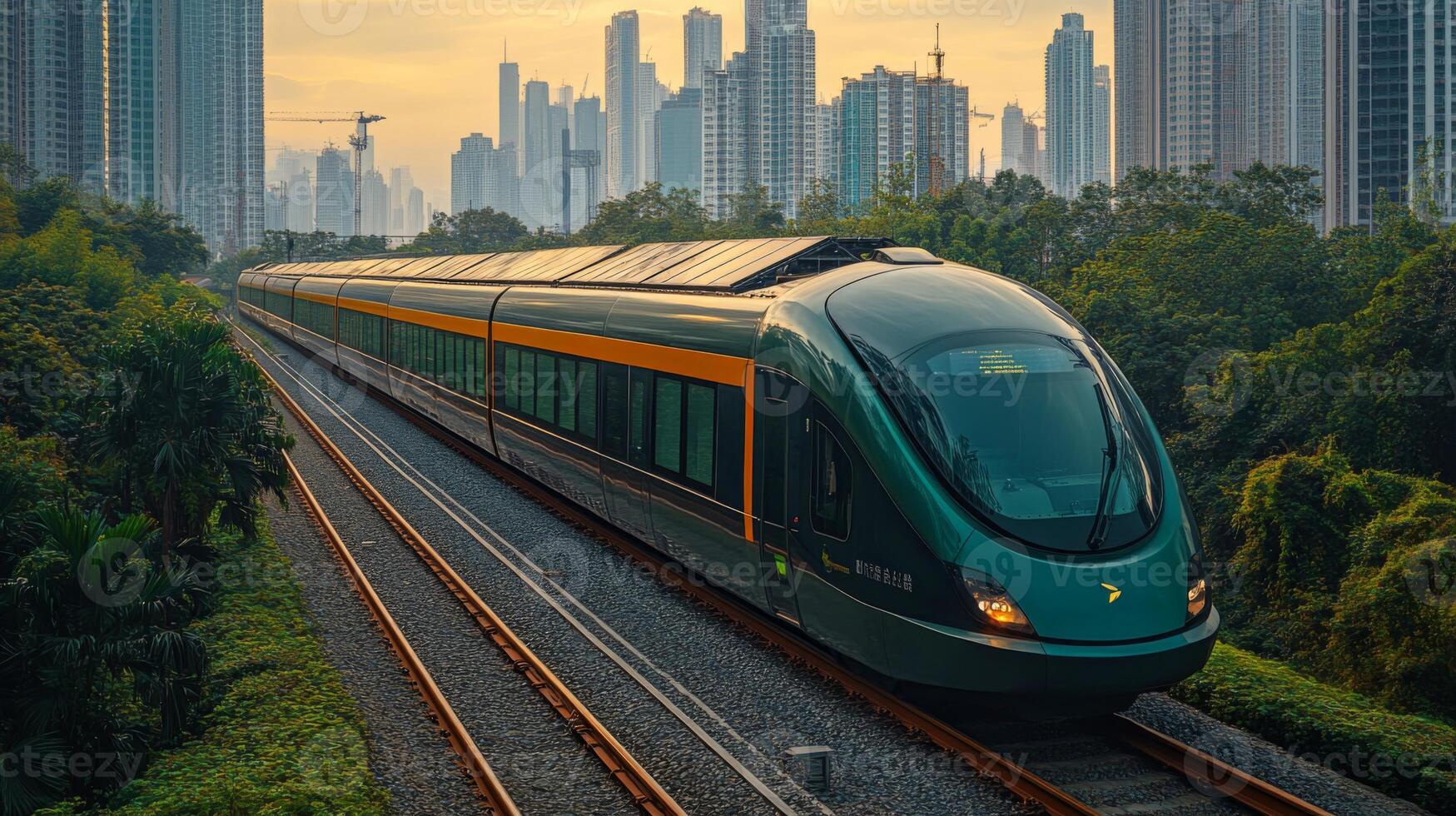 A high speed train travels smoothly along railway tracks surrounded by vibrant greenery and towering city buildings as the sun sets, casting a warm glow on the scene. photo