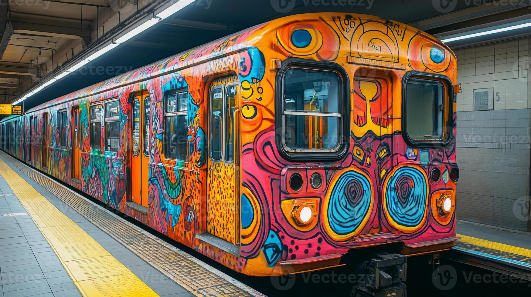 A vibrant subway train covered in intricate street art is parked at an urban station during the day. Commuters enter and exit as the train showcases creativity in public transportation. photo