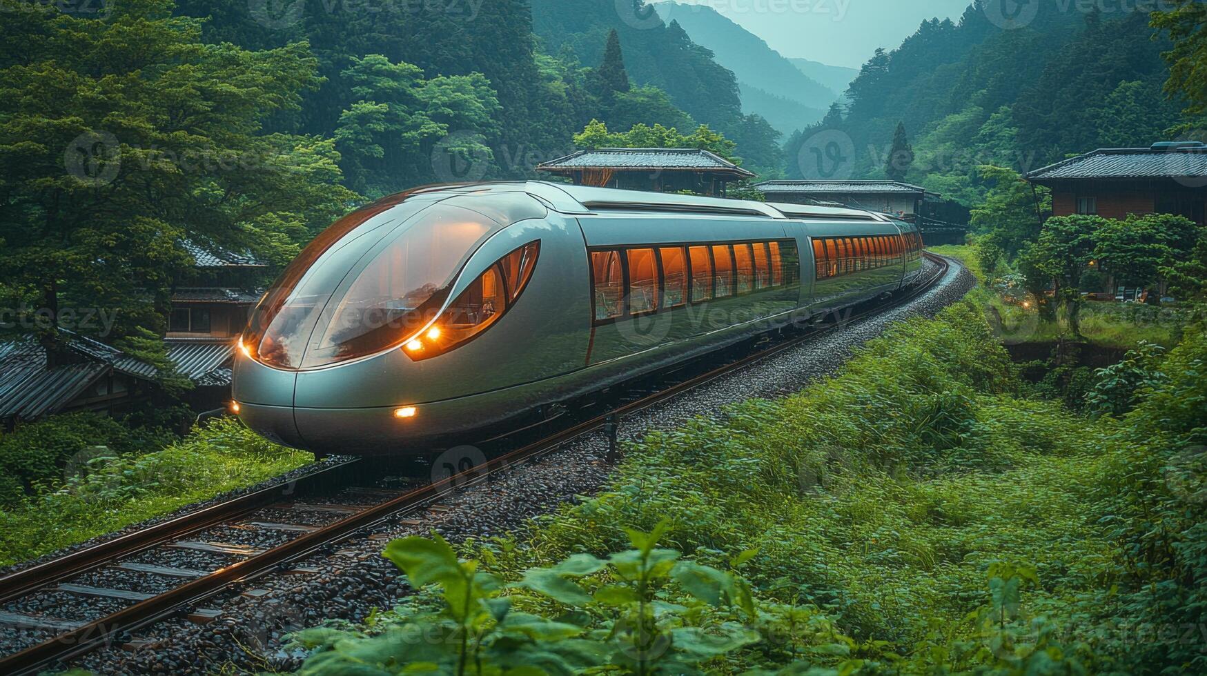 A sleek maglev train moves smoothly along its track, surrounded by vibrant greenery and traditional structures, as twilight casts a serene glow over the landscape. photo