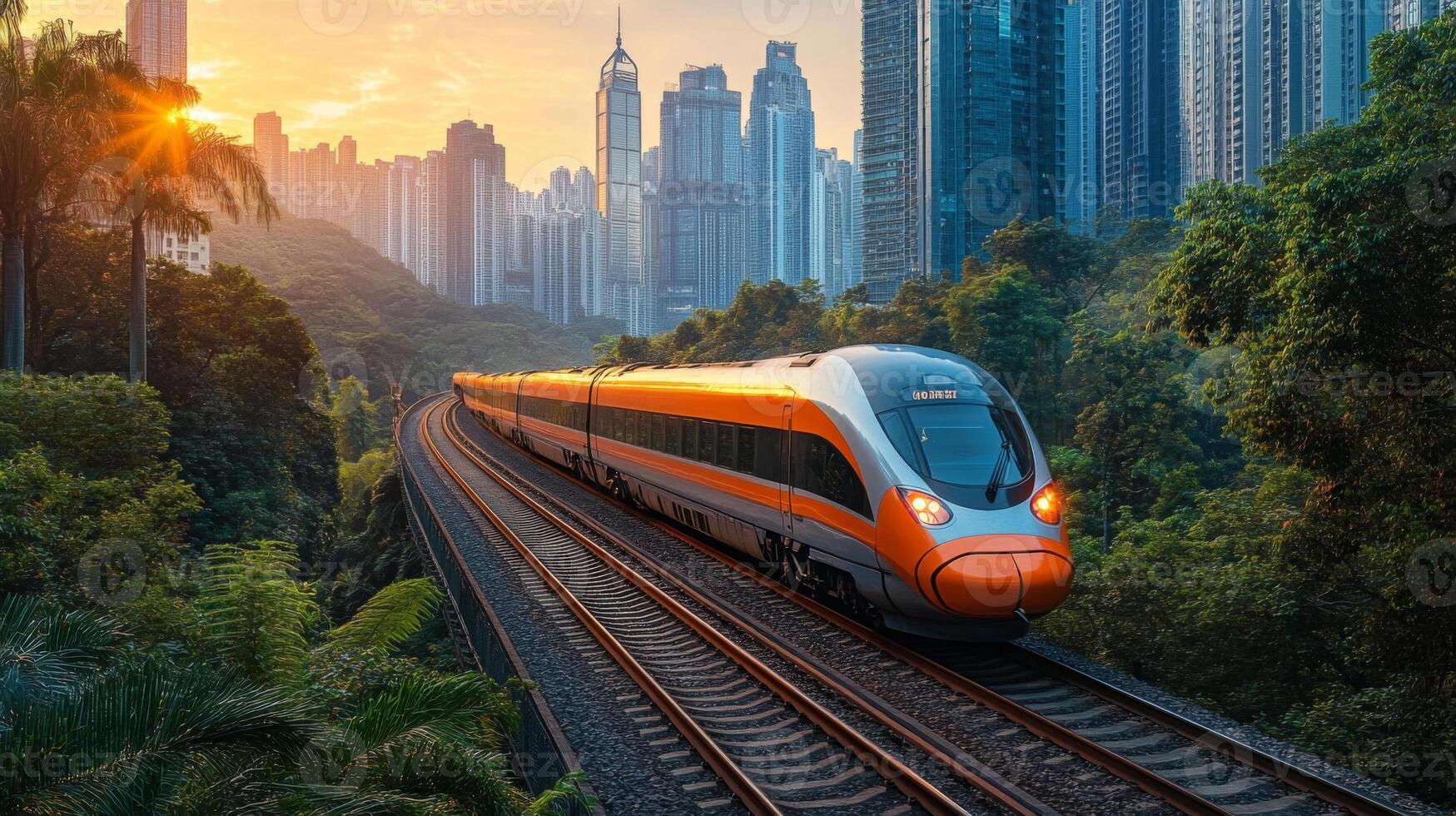 A high speed maglev train travels smoothly through a vibrant city skyline and lush trees, bathed in the warm glow of sunrise, blending modern transport with nature. photo