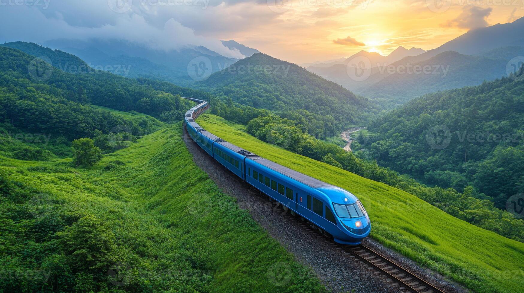 A highspeed train travels swiftly along a winding track, surrounded by vibrant green hills and majestic mountains as the sun sets, showcasing advanced transportation technology in a scenic landscape. photo