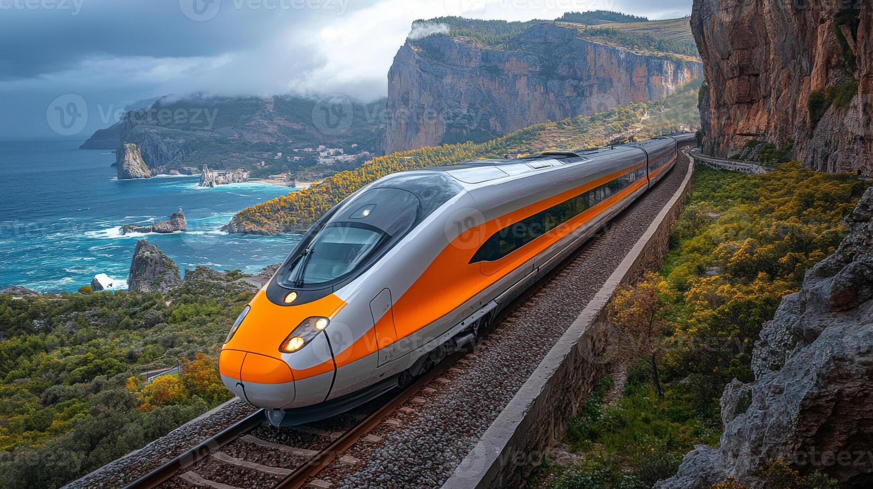 A sleek high speed train glides along a railway beside a dramatic coastal landscape, blending modern transportation with natural beauty under an overcast sky. photo