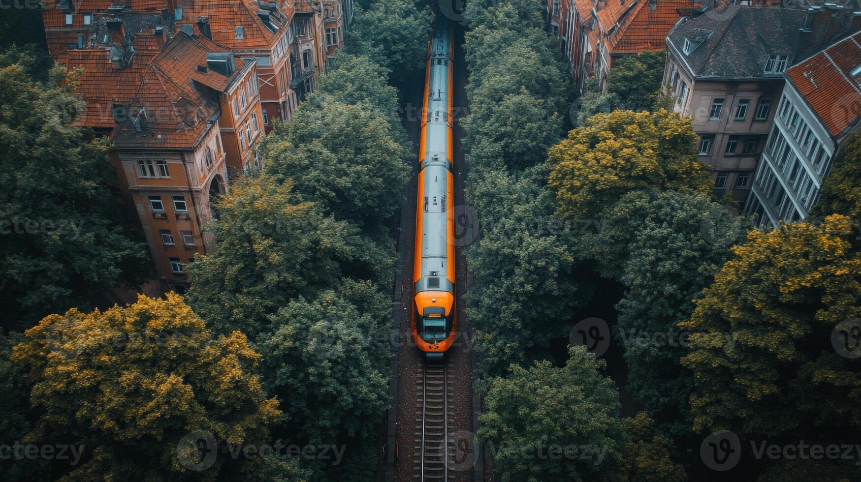 A high speed train glides through a lush corridor of trees, flanked by urban buildings, illustrating efficient transportation in a city environment. photo