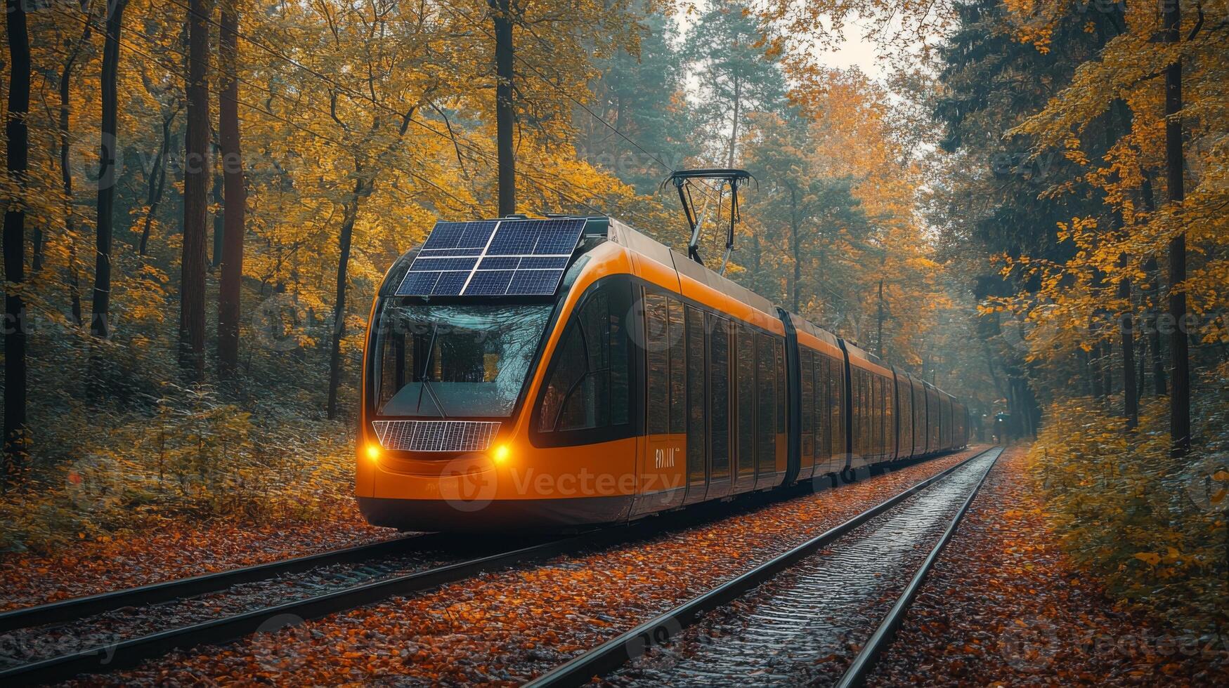 A sleek electric tram glides smoothly along embedded railway tracks surrounded by vibrant autumn trees, showcasing modern public transportation in an urban landscape during fall. photo