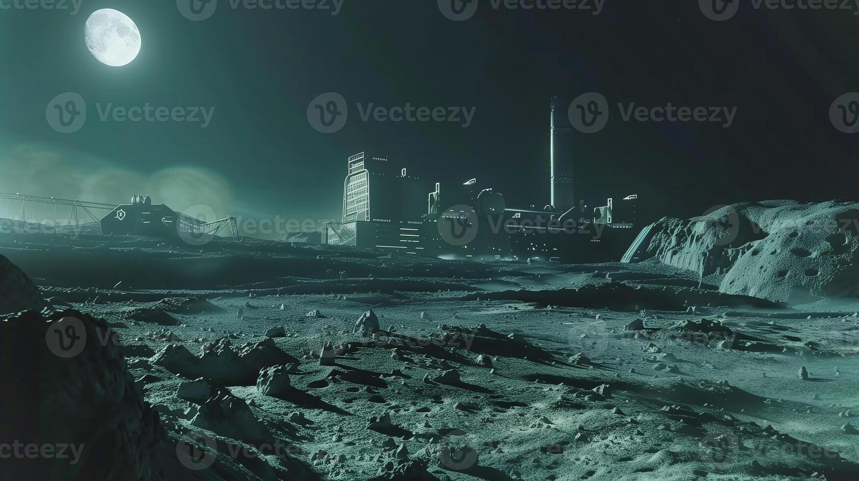 This Asteroid landscape features a refinery engaged in regolith extraction illuminated by moonlight. photo