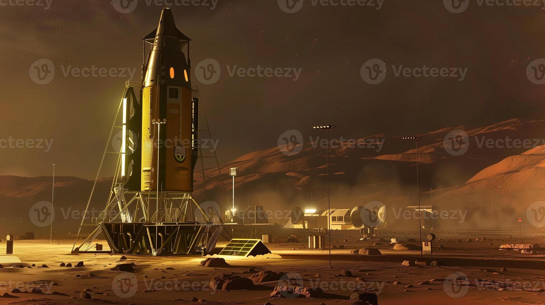 This futuristic site depicts asteroid excavation, highlighting regolith extraction. photo