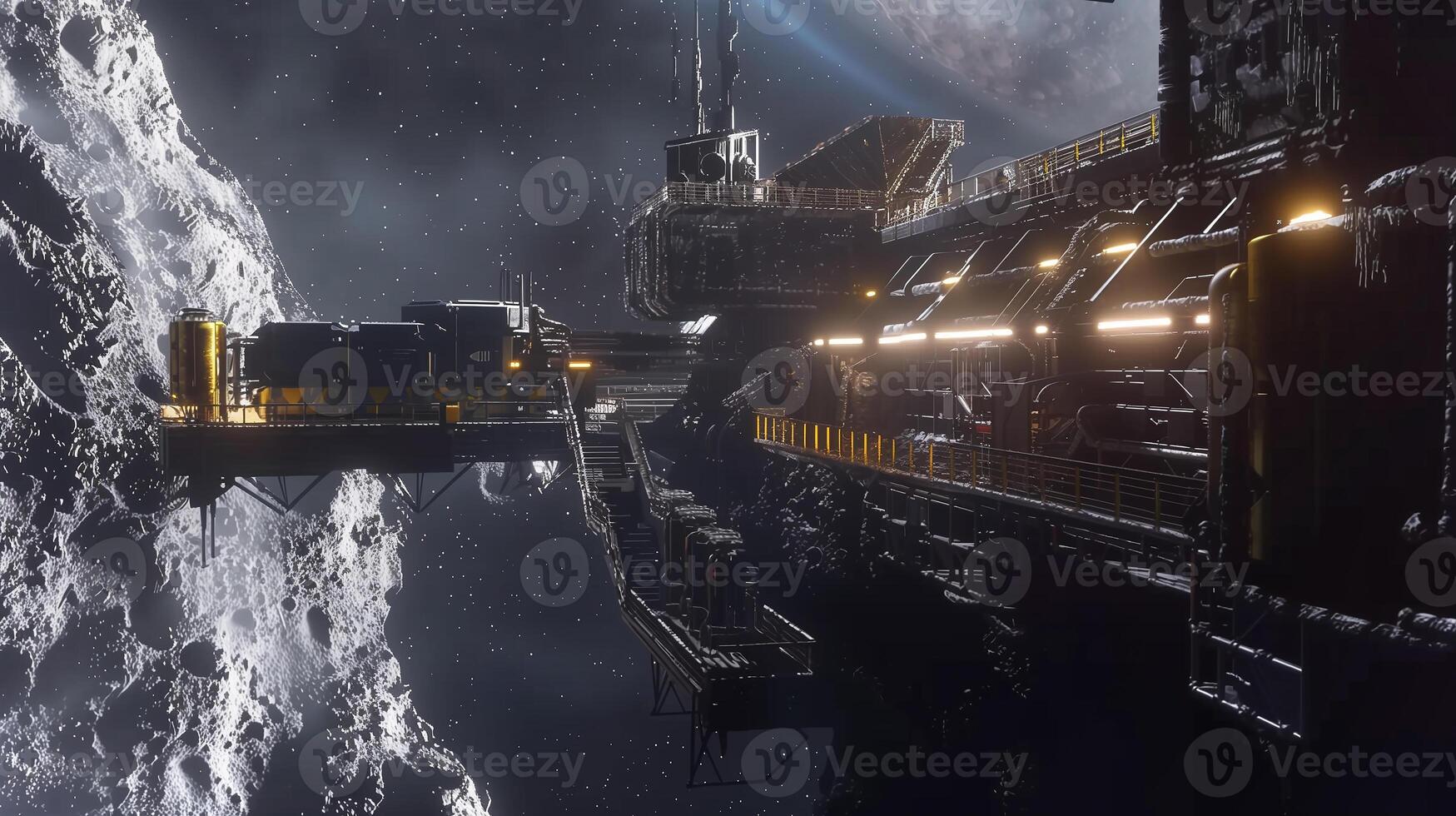 This futuristic refinery facility operates on an asteroid, extracting valuable regolith for processing. photo